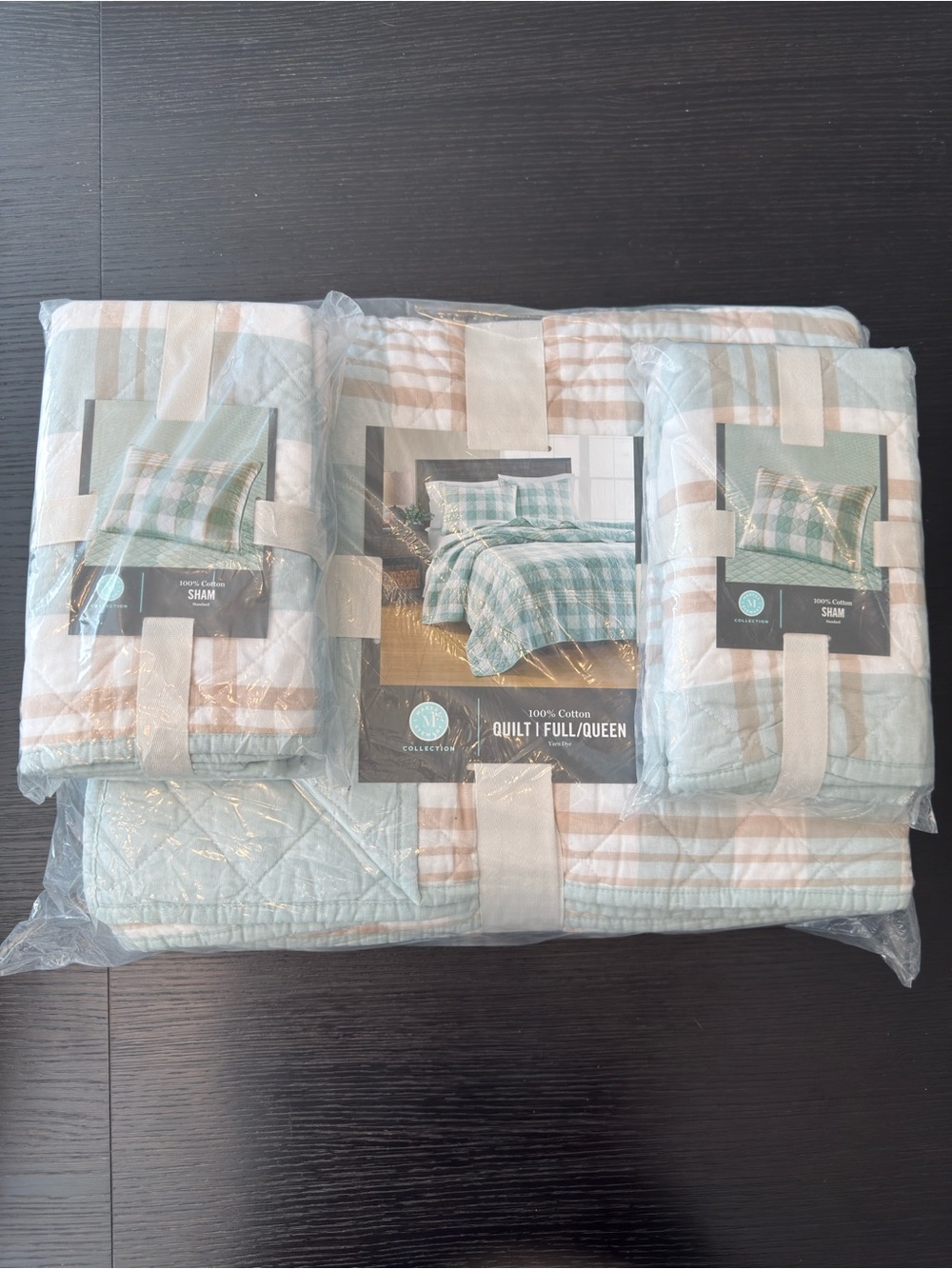 Martha Stewart Plaid Quilted Comforter Set in Light Blue and Beige